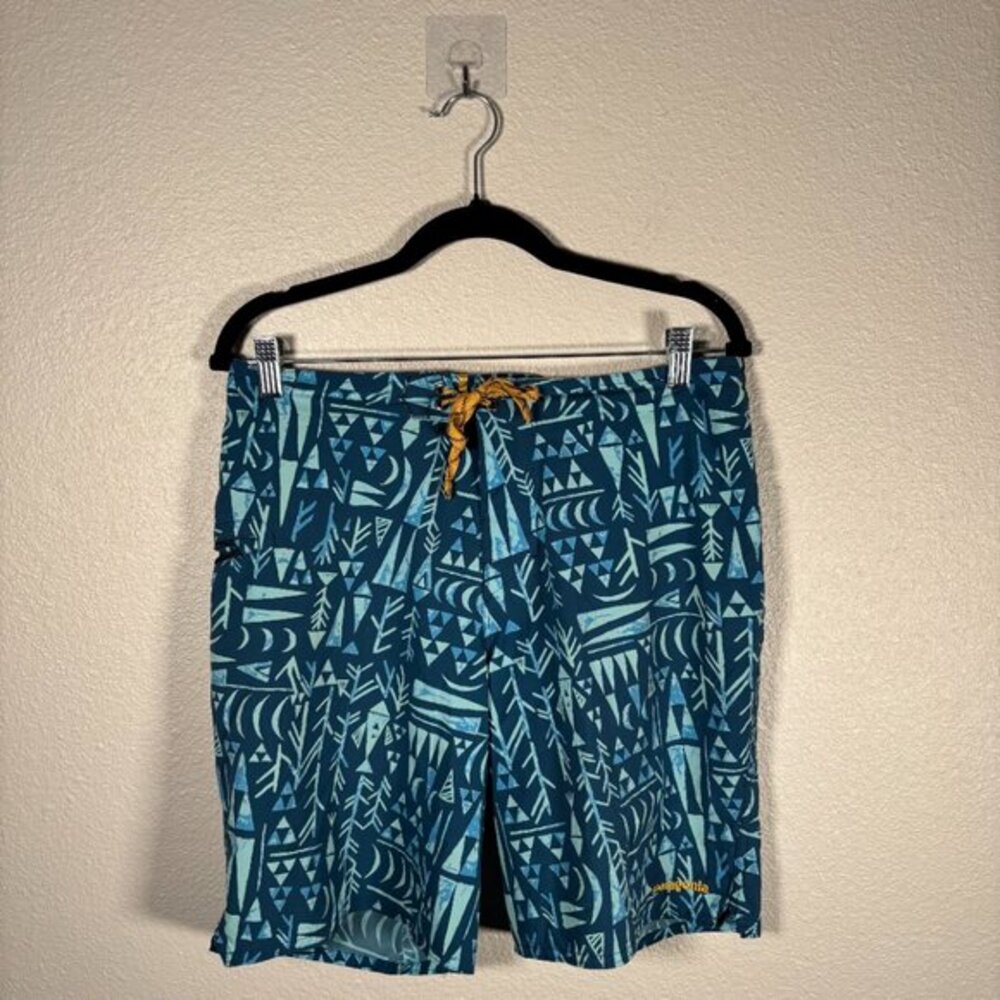 Patagonia Blue Printed Swim Trunks Zip Pocket Tie Board Shorts Size 32